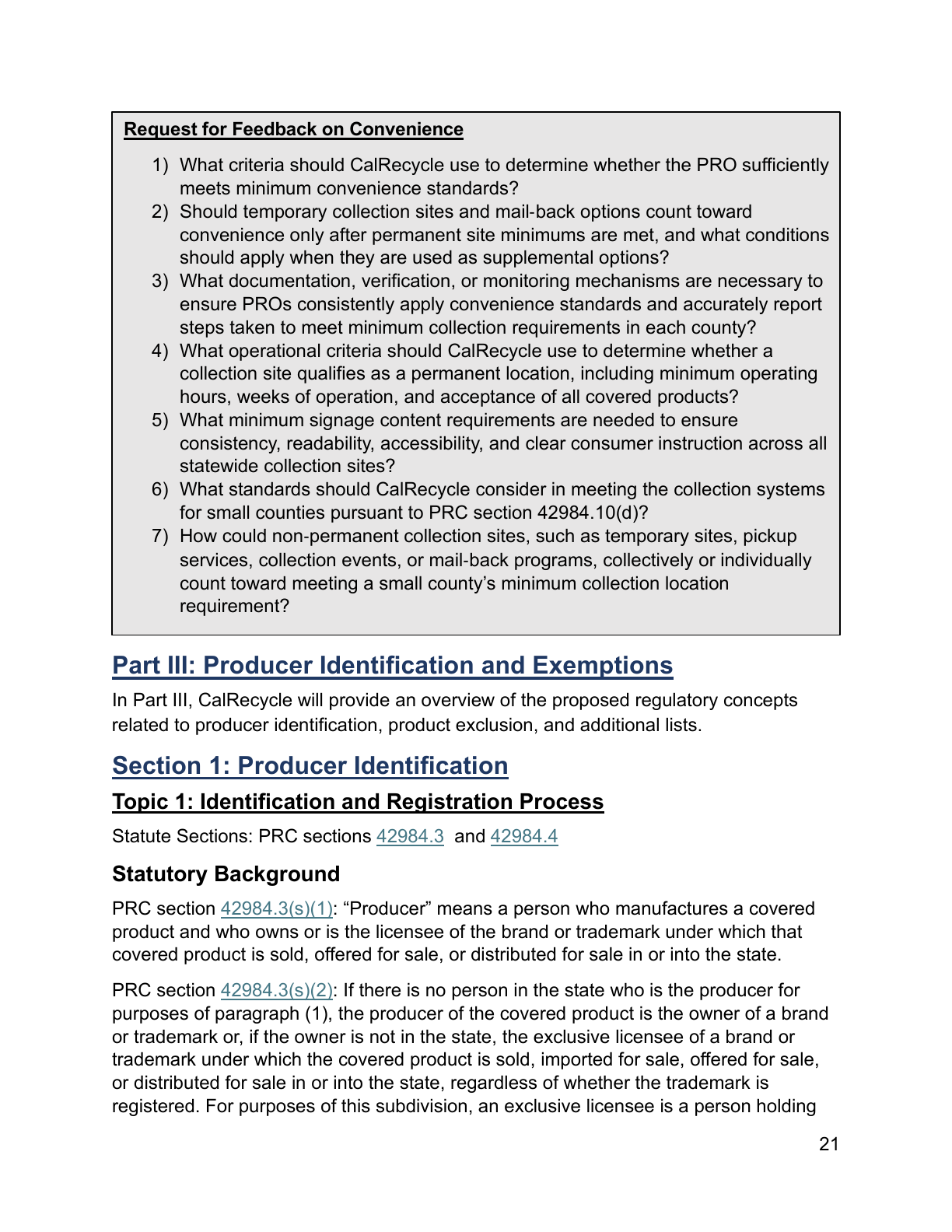 Complete page 21 of CalRecycle’s September 29 discussion document, including the first producer tier and the start of the brand-owner and exclusive-licensee tier, with page number visible.
