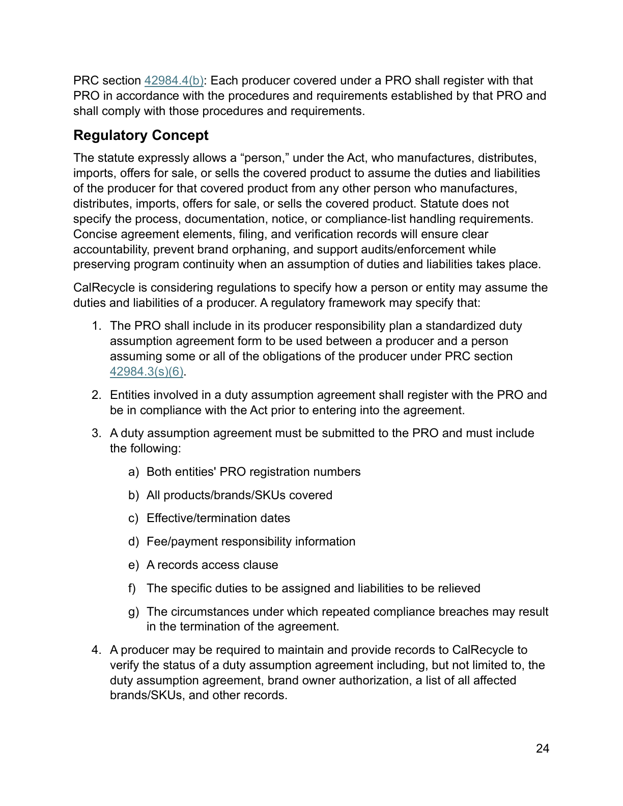 Complete page 24 of CalRecycle’s September 29 discussion document, showing the standardized duty-assumption form proposal and seven filing fields, with page number visible.