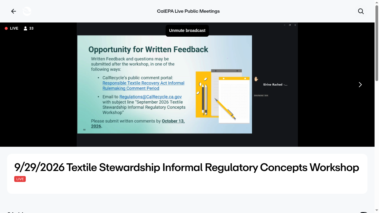 Full webcast screenshot of CalRecycle slide 90, Opportunity for Written Feedback, naming October 13, 2026 as the written-comment deadline.